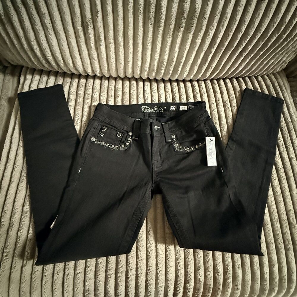 NWT Miss Me Skinny Jeans Embellished Wing Flap Pockets Black Women’s 27x30